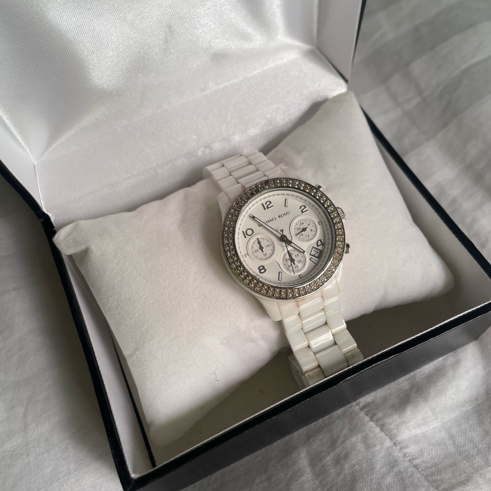 Michael Kors White Ceramic Watch with Crystal Bezel